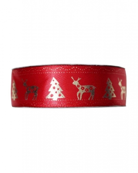 Geschenkband rot mit Weihnachtsmotiv Rentier/Baum gold 24mm, 20m